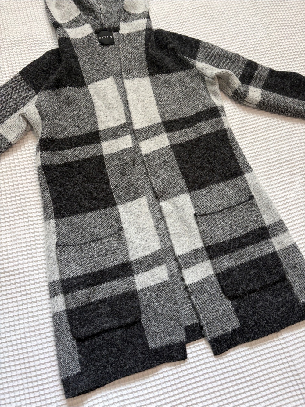 Cyrus Black & Gray Plaid Hooded Knit Cape Coat